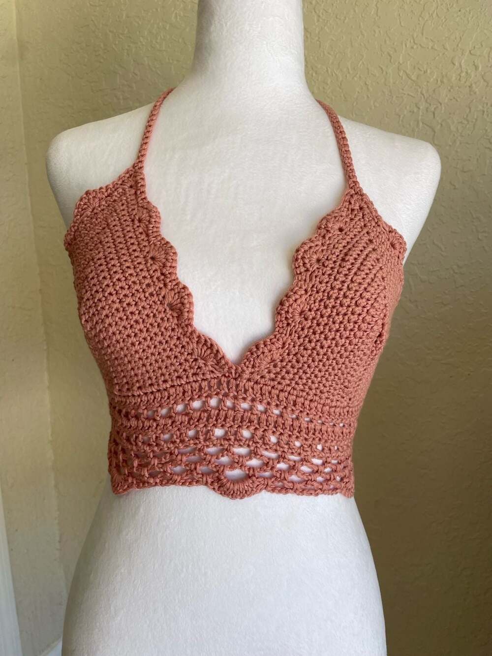 Handmade Dusty Rose Crochet Halter Crop Top Boho Festival Y2K Lace Hem